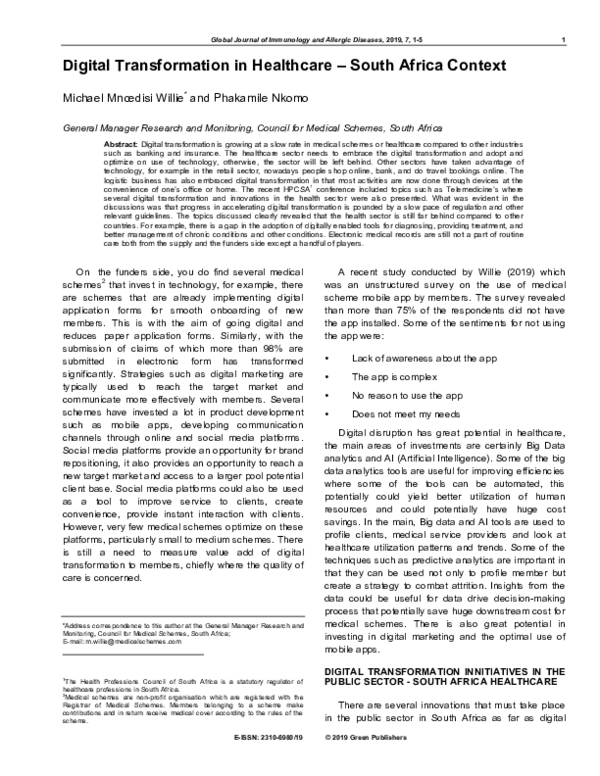 (PDF) Digital Transformation in Healthcare – South Africa Context