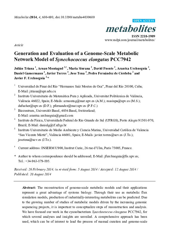 (PDF) Article Generation and Evaluation of a Genome-Scale Metabolic ...