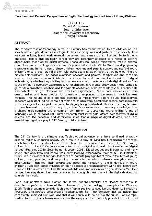 (PDF) Teachers' and parents' perspectives of digital technology in the ...