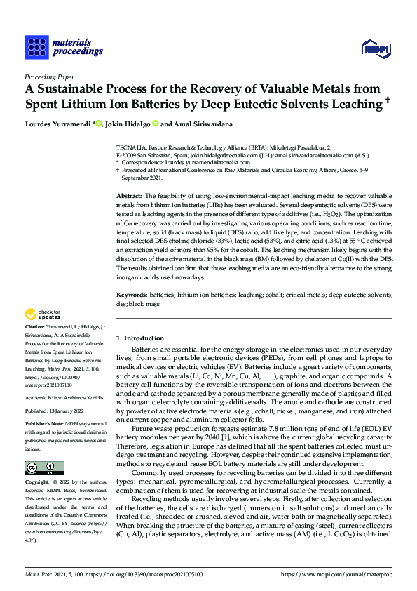 (PDF) A Sustainable Process for the Recovery of Valuable Metals from ...