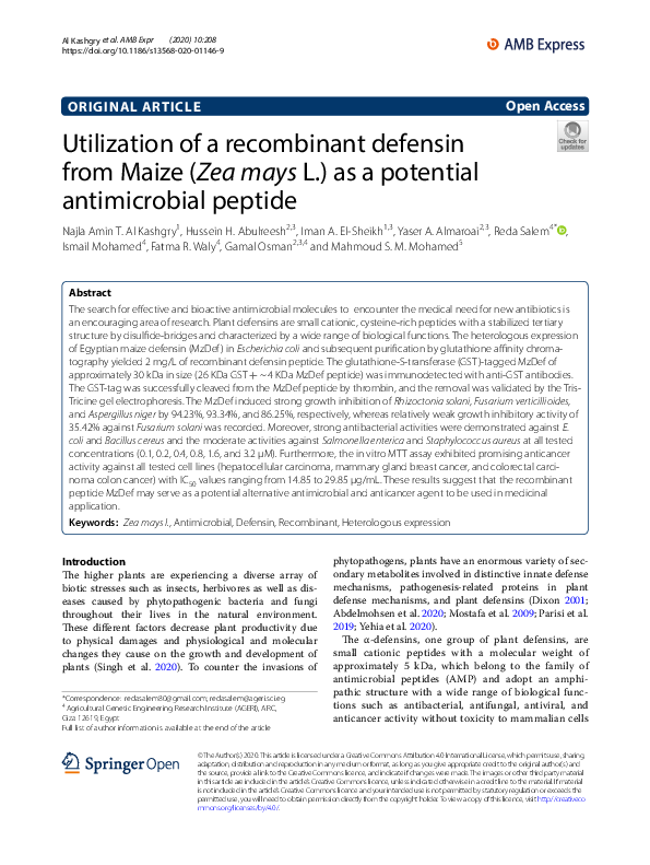 (PDF) Utilization of a recombinant defensin from Maize (Zea mays L.) as ...