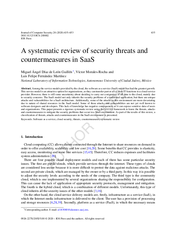 (PDF) A systematic review of security threats and countermeasures in SaaS