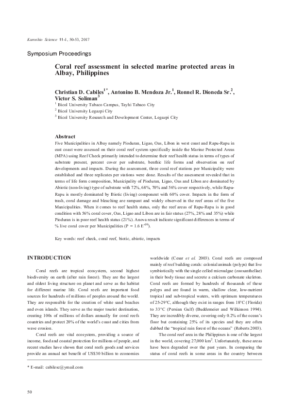 (PDF) Coral reef assessment in selected marine protected areas in Albay