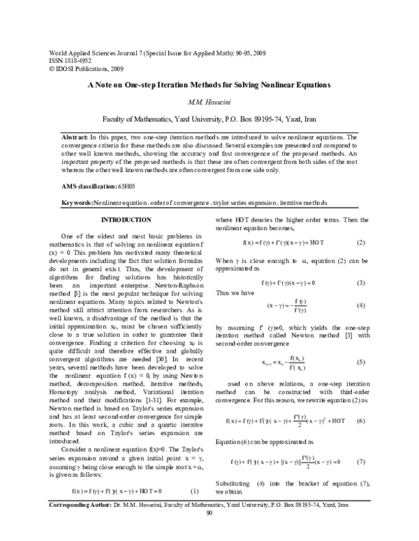(PDF) A Note on One -step Iteration Methods for Solving Nonlinear Equations