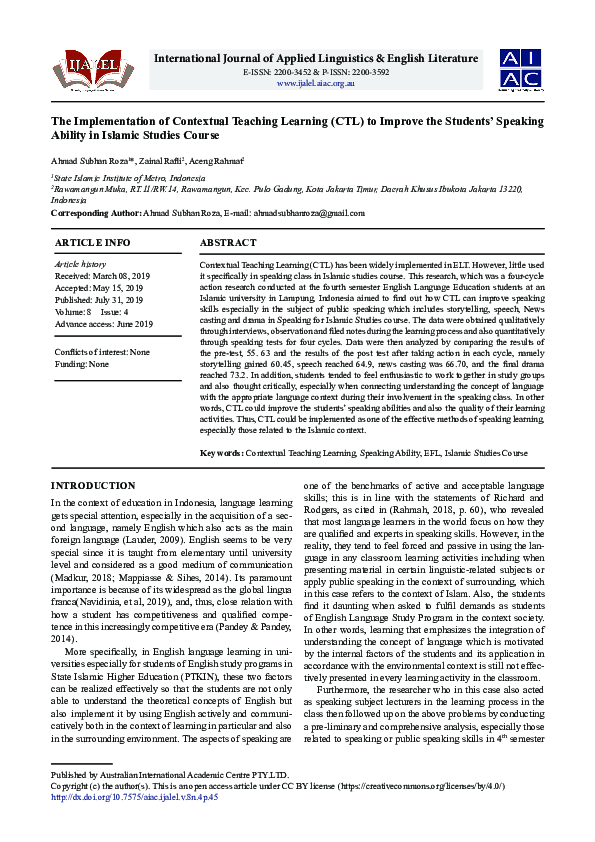 (PDF) The Implementation of Contextual Teaching Learning (CTL) to ...