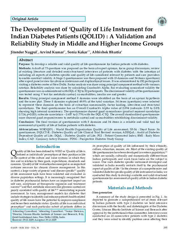 (PDF) The development of 'Quality of Life Instrument for Indian ...
