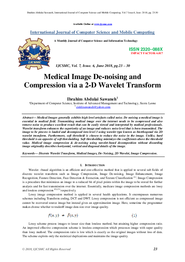(PDF) Medical Image Denoising and Compression via a 2-D Wavelet Transform