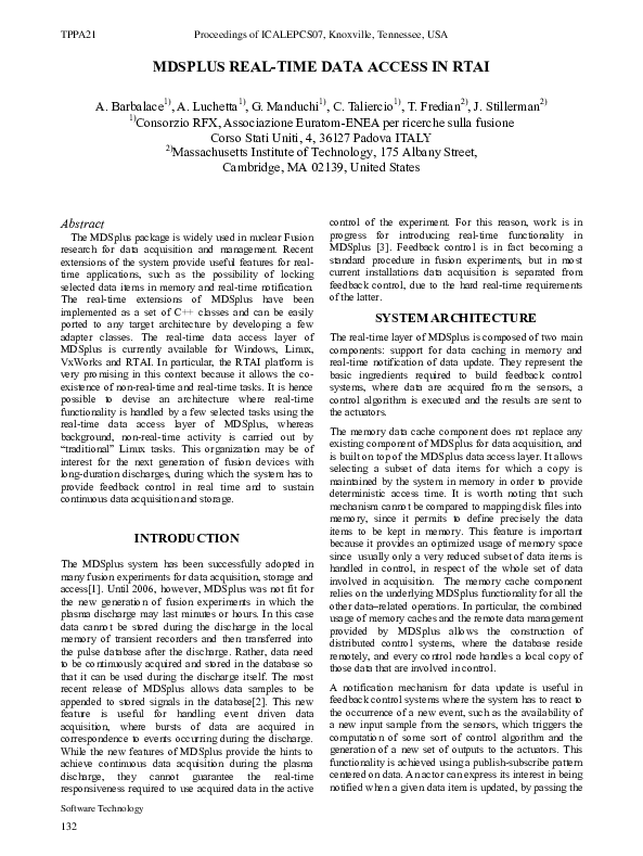 (PDF) Mdsplus Real-Time Data Access in Rtai