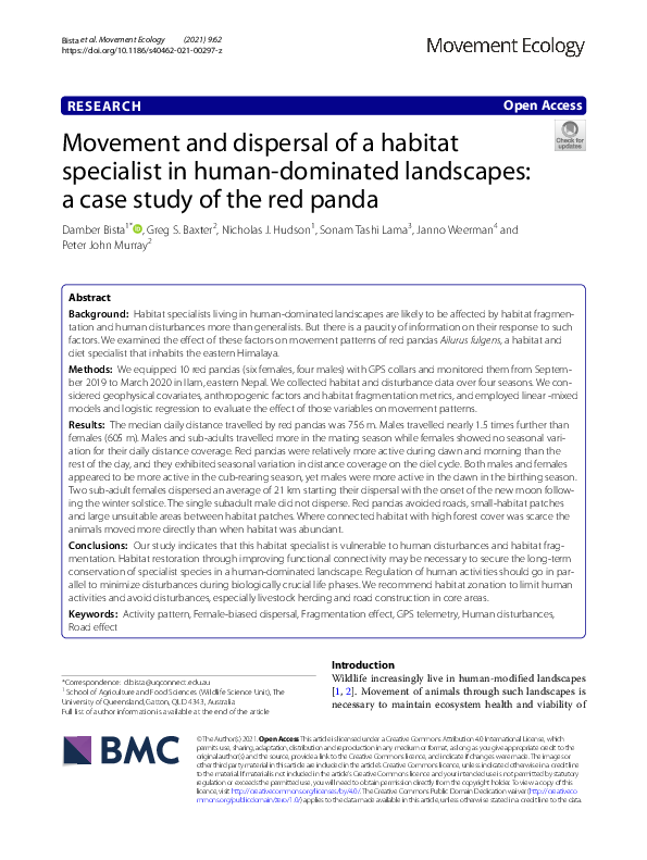 (PDF) Movement and dispersal of a habitat specialist in human-dominated ...
