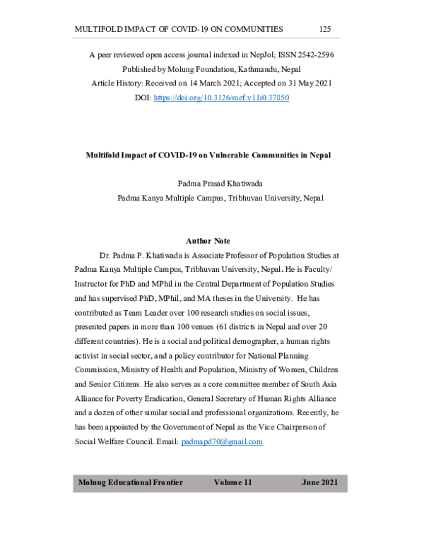 (PDF) Multifold Impact of COVID-19 on Vulnerable Communities in Nepal