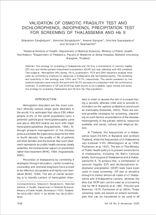 (PDF) Validation of osmotic fragility test and dichlorophenol ...