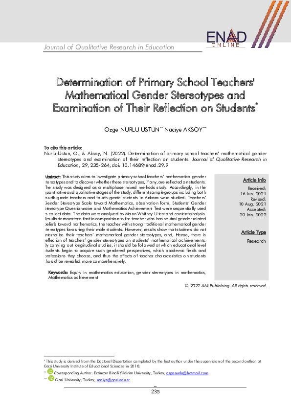 (PDF) Determination of Primary School Teachers' Mathematical Gender ...