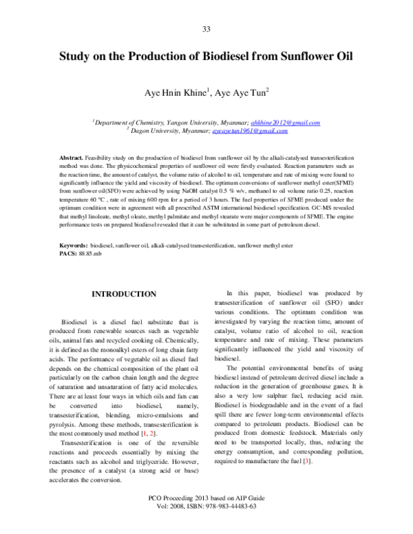 (PDF) Study on the Production of Biodiesel from Sunflower Oil Aye Aye Tun Academia.edu