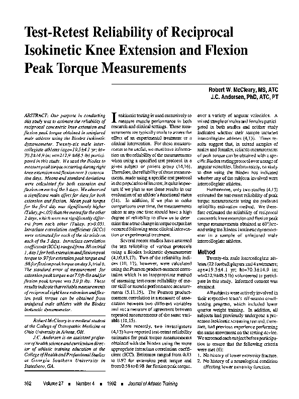 (PDF) Testretest reliability of reciprocal knee extension