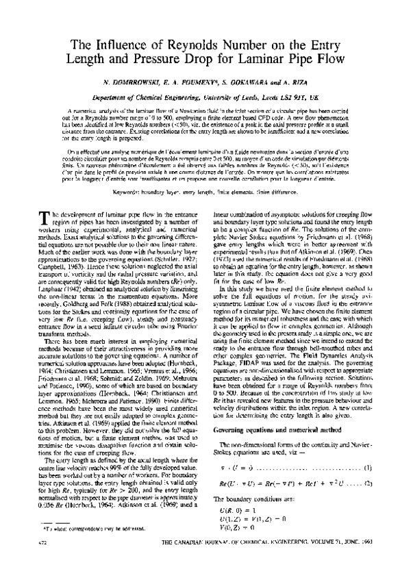 (PDF) The influence of Reynolds number on the entry length and pressure ...