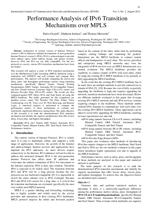 (PDF) Performance Analysis of IPv6 Transition Mechanisms over MPLS