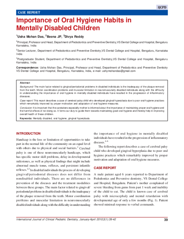 (PDF) Importance of Oral Hygiene Habits in Mentally Disabled Children