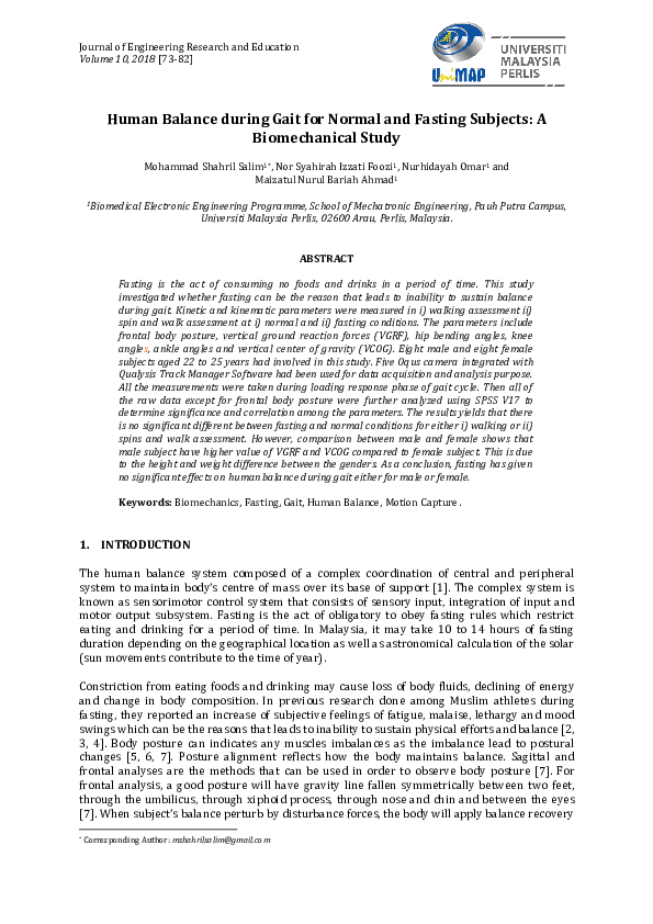 (PDF) Human Balance during Gait for Normal and Fasting Subjects: A ...