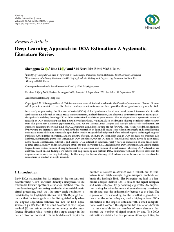 (PDF) Deep Learning Approach in DOA Estimation: A Systematic Literature ...