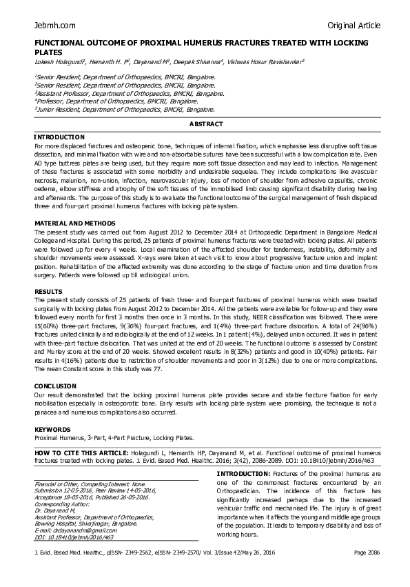 (PDF) Functional Outcome of Proximal Humerus Fractures Treated with ...