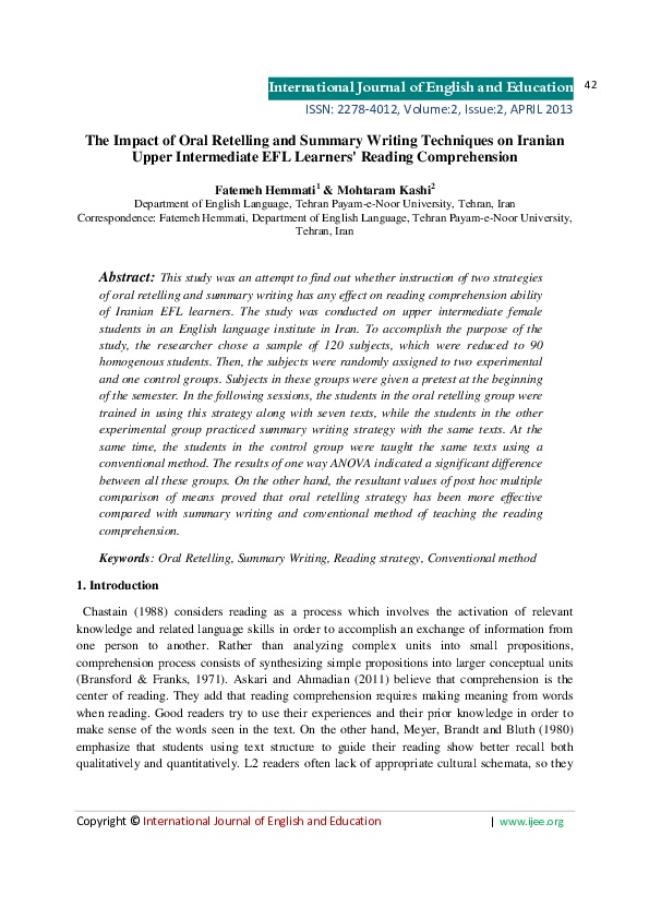 (PDF) The Impact of Oral Retelling and Summary Writing Techniques on ...
