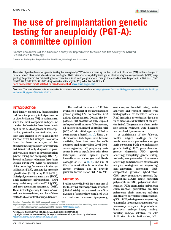 (PDF) The use of preimplantation genetic testing for aneuploidy (PGT-A ...