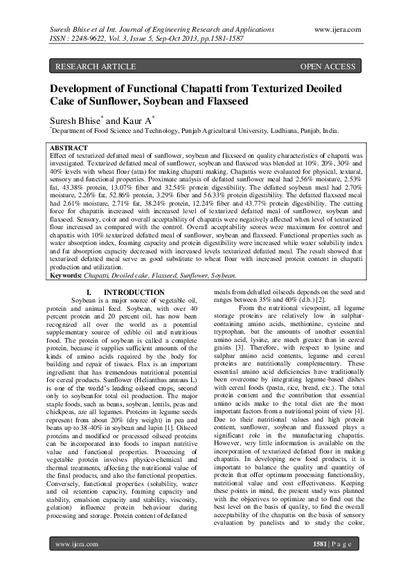 (PDF) Development of Functional Chapatti from Texturized Deoiled Cake ...