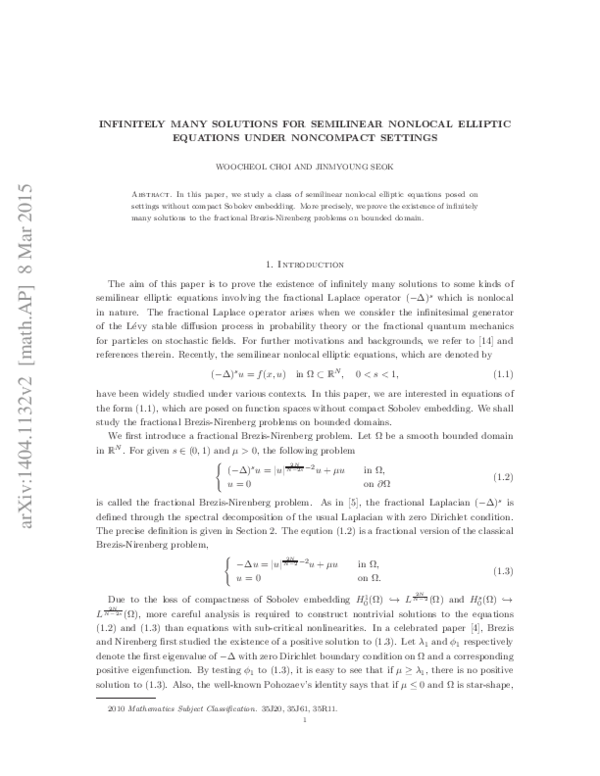 (PDF) Infinitely many solutions for semilinear nonlocal elliptic ...