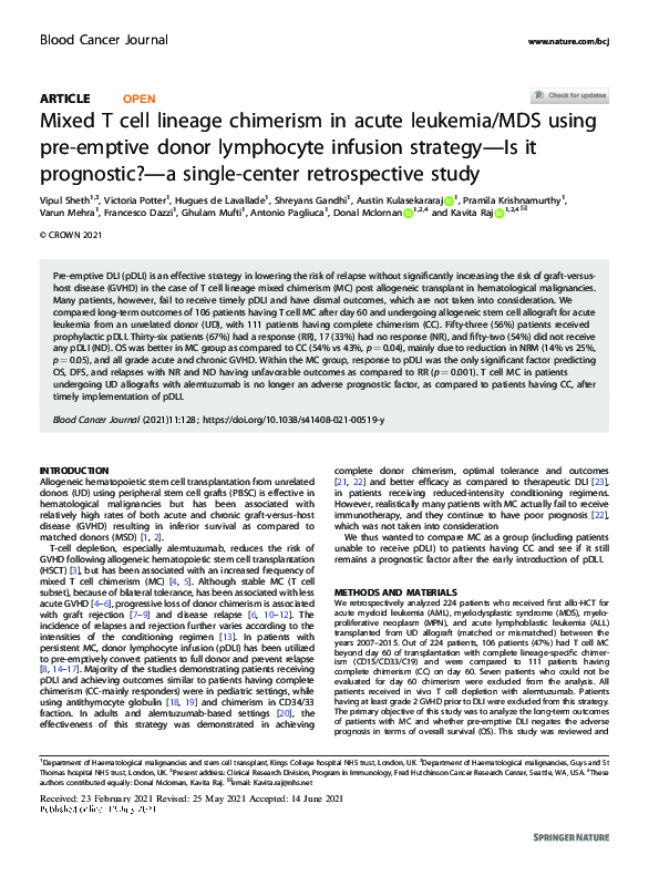 (PDF) Mixed T cell lineage chimerism in acute leukemia/MDS using pre ...