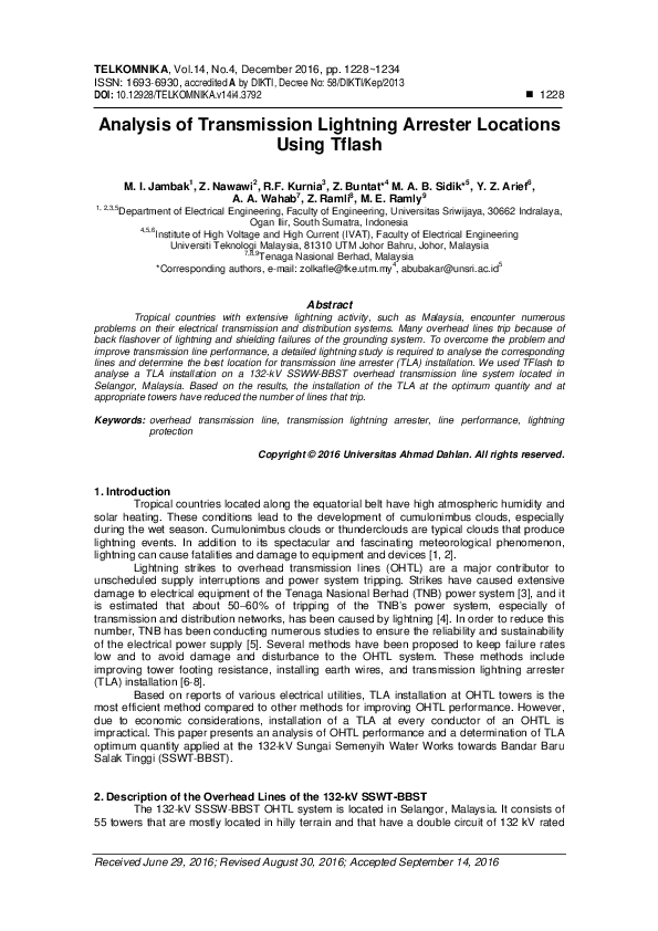 (PDF) Analysis of Transmission Lightning Arrester Locations Using Tflash
