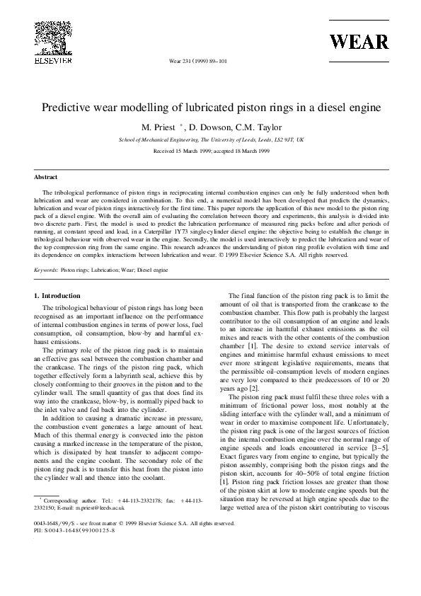 (PDF) Predictive wear modelling of lubricated piston rings in a diesel engine Martin Priest