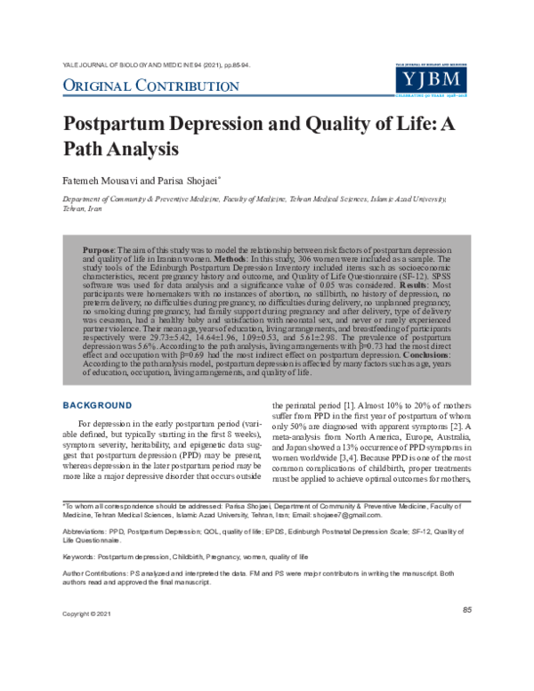 (PDF) Postpartum Depression and Quality of Life: A Path Analysis