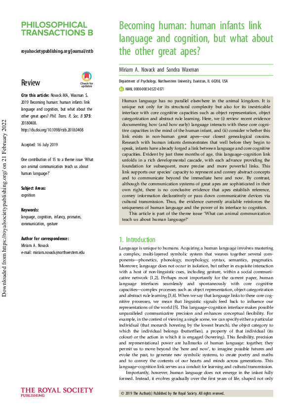 (PDF) Becoming human: human infants link language and cognition, but ...