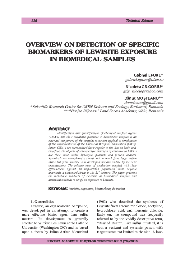 (PDF) On Detection of Specific Biomarkers of Lewisite Exposure in ...