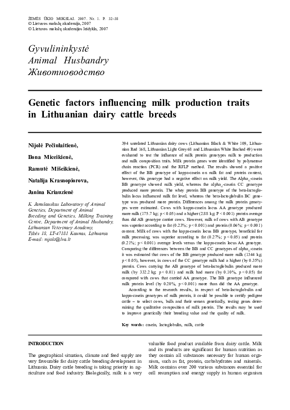 (PDF) Genetic factors influencing milk production traits in Lithuanian ...