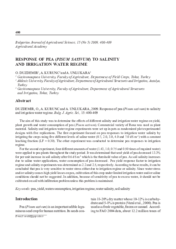 (PDF) Response of pea (Pisum sativum) to salinity and irrigation water ...