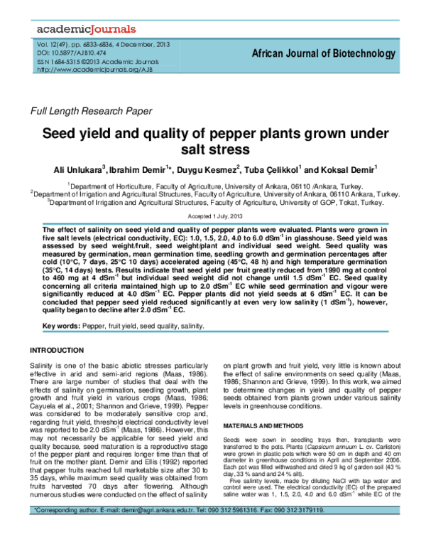 (PDF) Seed yield and quality of pepper plants grown under salt stress