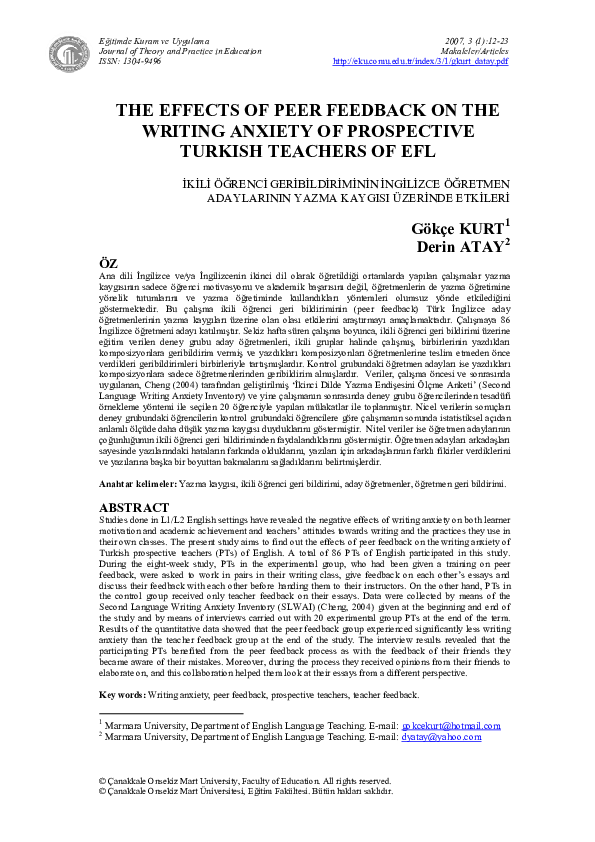 (PDF) The Effects of Peer Feedback on the Writing Anxiety of ...