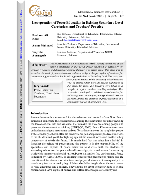 (PDF) Incorporation of Peace Education in Existing Secondary Level ...