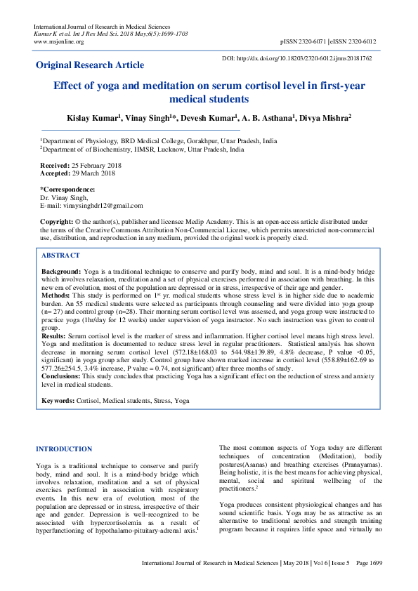 (PDF) Effect of yoga and meditation on serum cortisol level in first ...