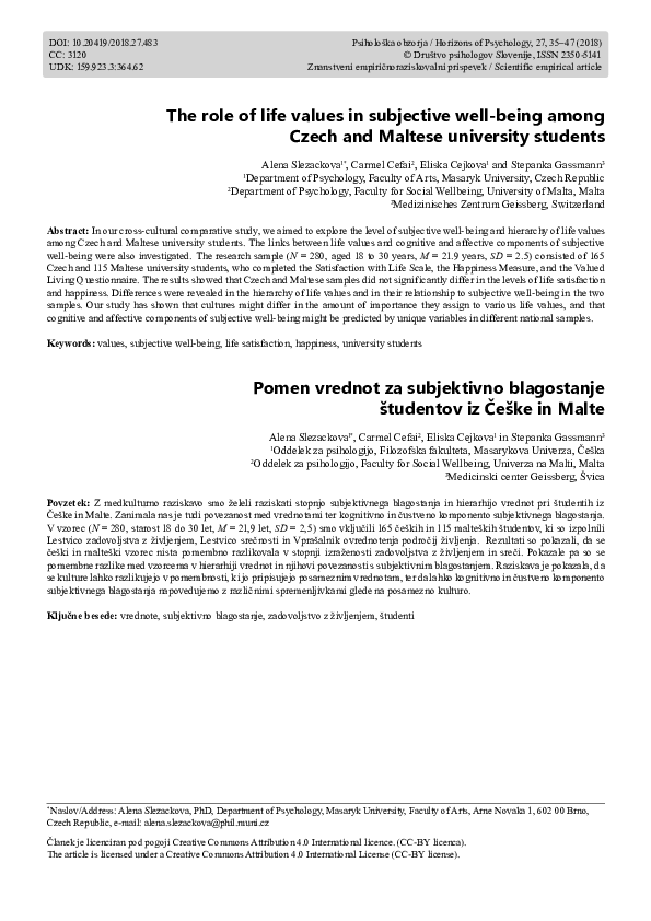 (PDF) The role of life values in subjective well-being among Czech and ...