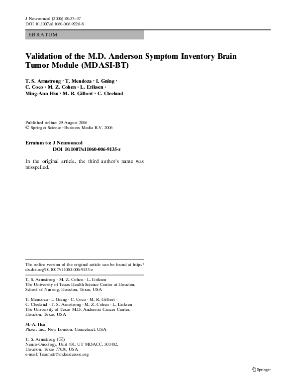 (PDF) Validation of the MD Anderson Symptom Inventory brain tumor ...