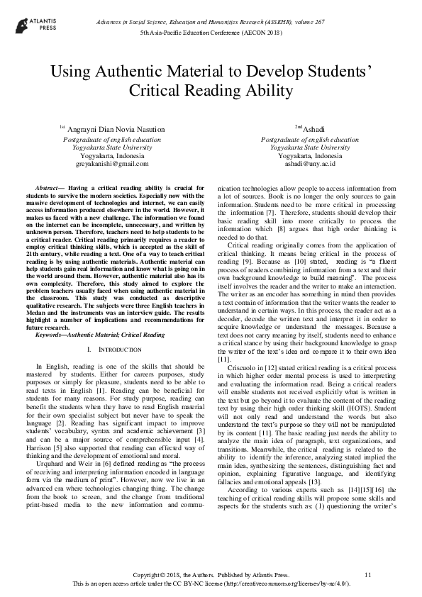 (PDF) Using Authentic Material to Develop Students’ Critical Reading ...