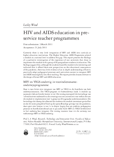 (PDF) HIV and AIDS education in pre-service teacher programmes