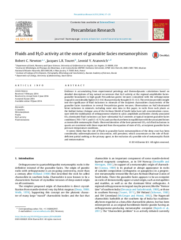 (PDF) Fluids and H2O activity at the onset of granulite facies metamorphism