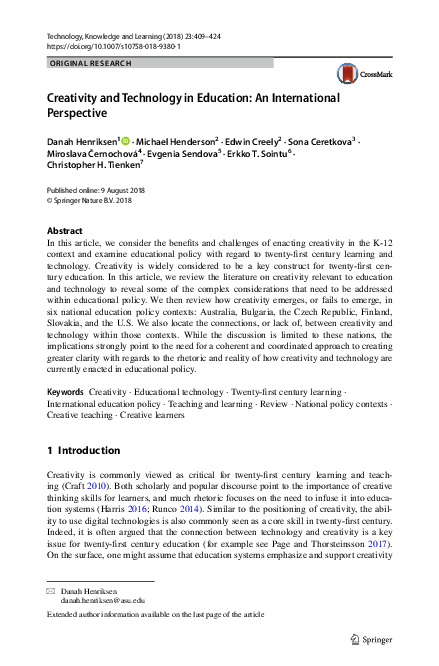 (PDF) Creativity and Technology in Education: An International Perspective