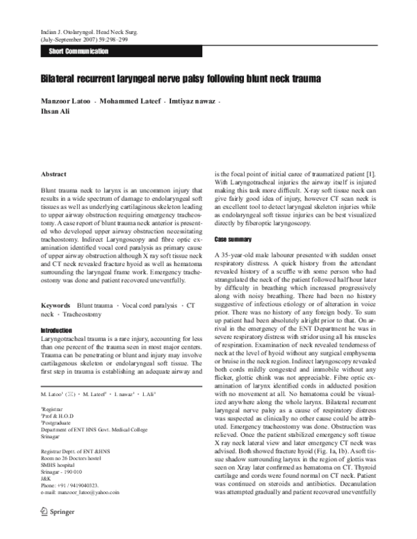(PDF) Bilateral recurrent laryngeal nerve palsy following blunt neck trauma