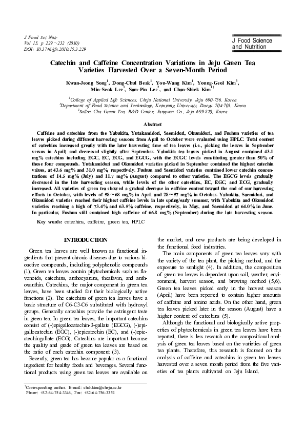 (PDF) Catechin and Caffeine Concentration Variations in Jeju Green Tea ...