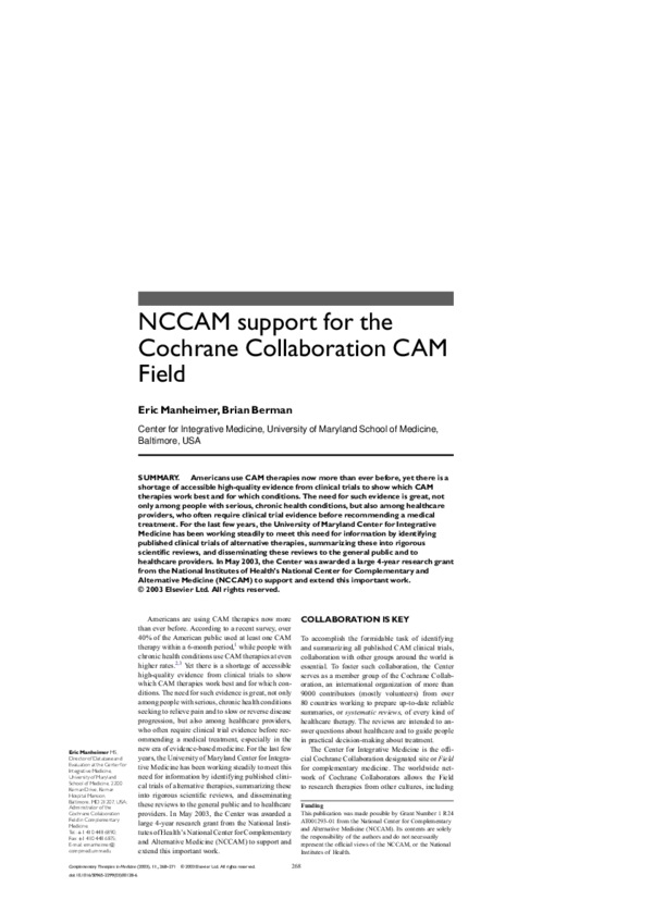 (PDF) NCCAM support for the Cochrane Collaboration CAM Field