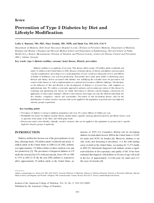(PDF) Prevention of Type 2 Diabetes by Diet and Lifestyle Modification